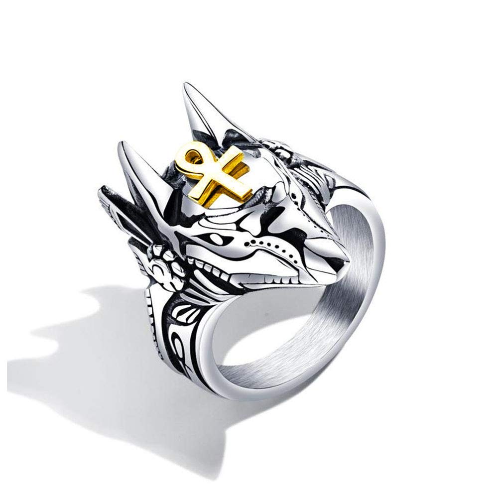 FanshuFanshu Men's Rings, Stainless Steel Egyptian God Silver Plated Cross Anubis Rings for Men Beast Animal Wolf Head Finger Wedding Bands
