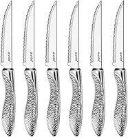 dearithe Steak Knives Set of 6 - Serrated High Carbon Stainless Steel Blades, Hammered Pattern Handles, 4.5 Inch Dishwasher Safe