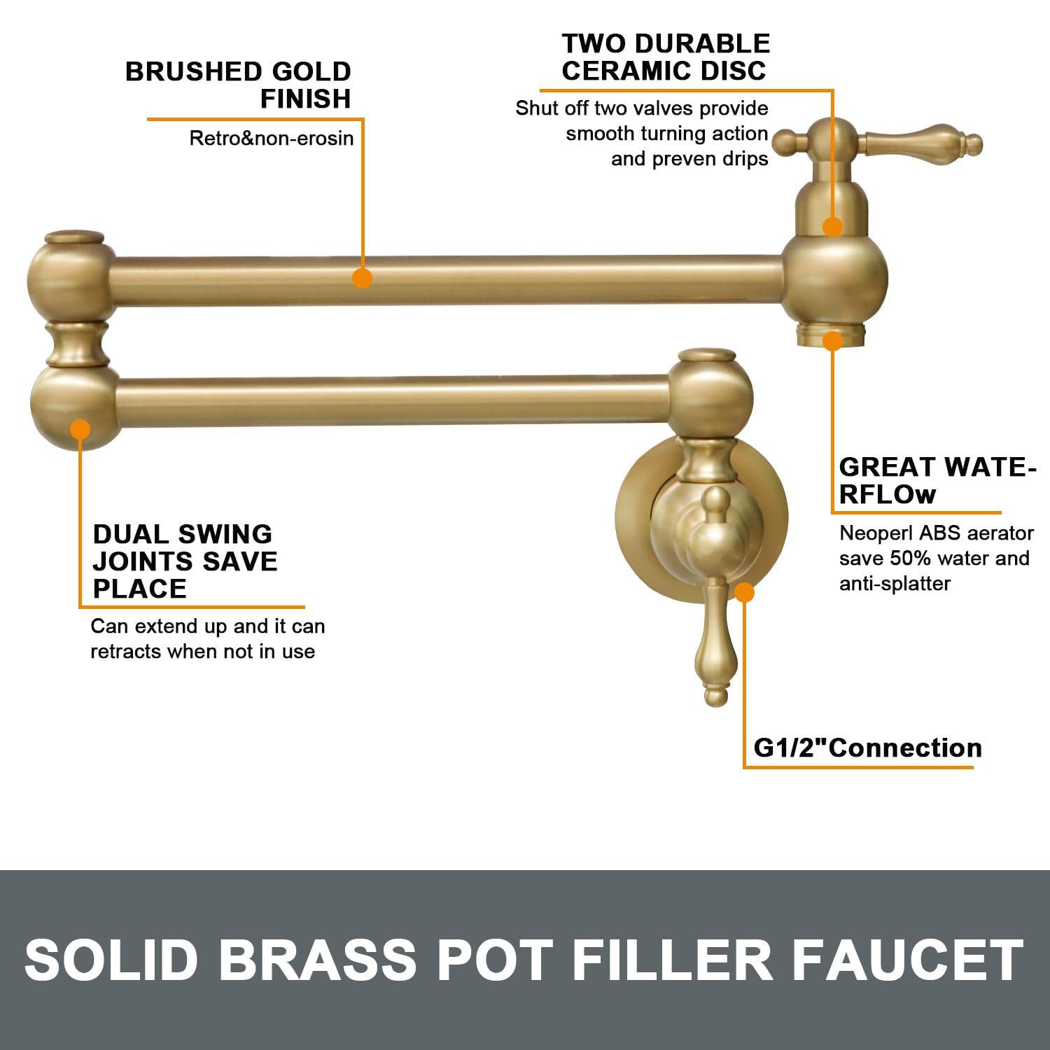 Grifo de fregadero de cocina Latón de un solo agujero dos manijas Pot Filler Grifo plegable (oro claro)