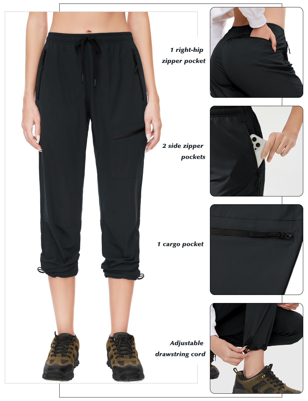 SEVEGO Pantalones de Senderismo para Mujer, Entrepierna Alta, 32, 34 y 36 Pulgadas, Ligeros, 4 Bolsillos con Cremallera, Resistentes al Agua, Negro -, L / 36L