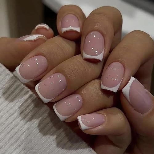 Miniatura 1 de 24 uñas postizas a presión de punta francesa, uñas postizas medianas, uñas cuadradas rosadas, uñas adhesivas de cobertura completa, uñas postizas