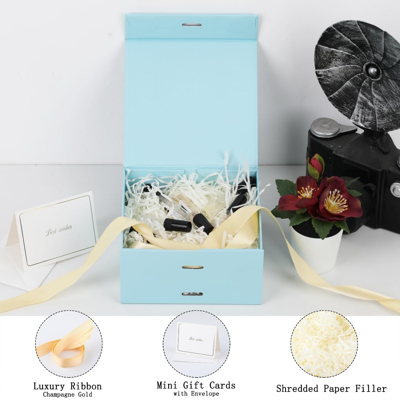 Skivra Blue Gift Box with Ribbon - 1 Pack, 6x6x3 Inch Small Collapsible Luxury Box with Lid, Magnetic Closure, Rectangle, Wedding Gifts, Shredded Paper Filler & Card