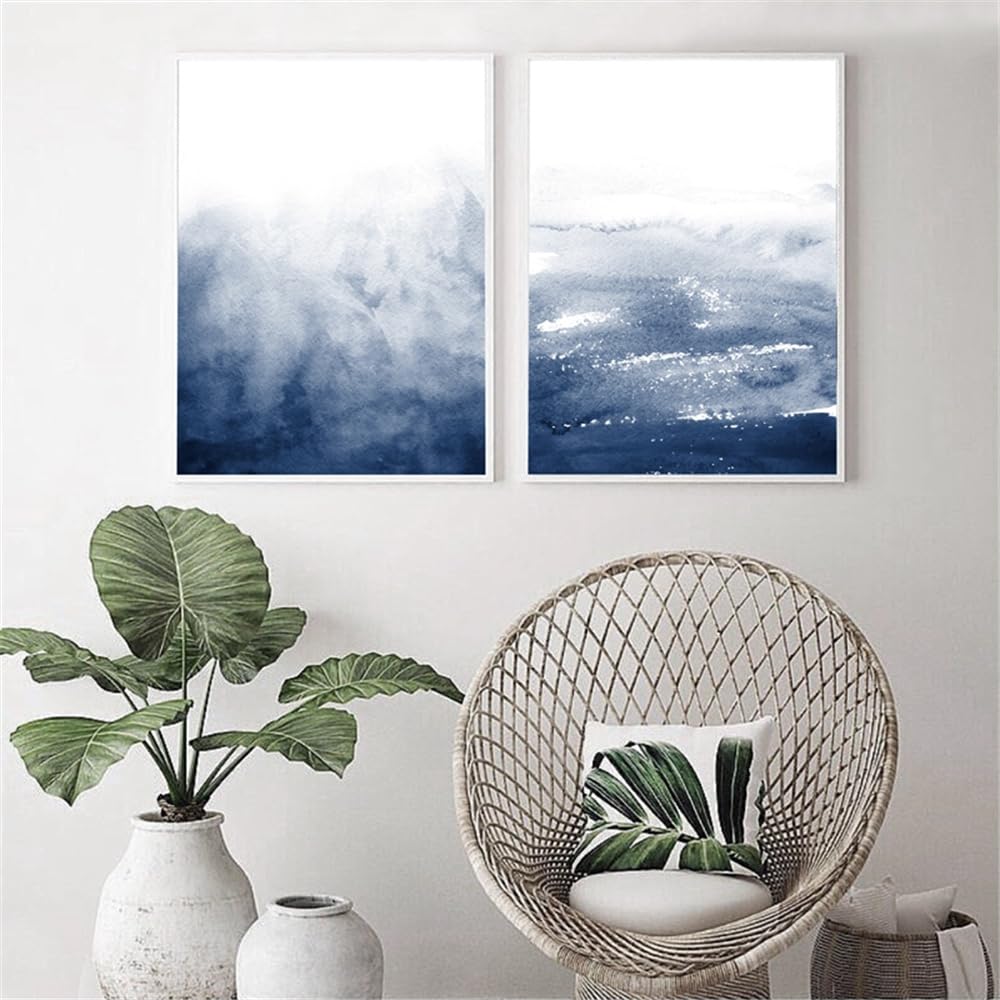 WUHBCZ Canvas Paints,Blue Watercolor Prints Artwork Minimalist Wall Art Pictures Abstract Posters Dark Blue Bedroom Office Home Decor Canvas Painting-60 * 70cm*2PCS (No Frame)