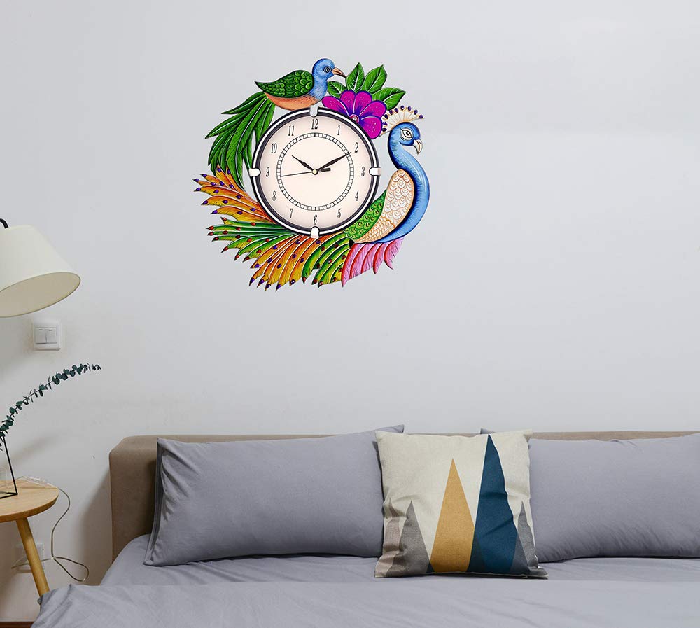 CAPIO ART Wooden Handicraft Peacock Theme Wall Clock | Round Quartz Analog Decorative Mounted Clock for Home & Office | Stylish Antique Design Wall Art for Gifting | 13 Inch (Multicolor_2) - Image 7 thumbnail
