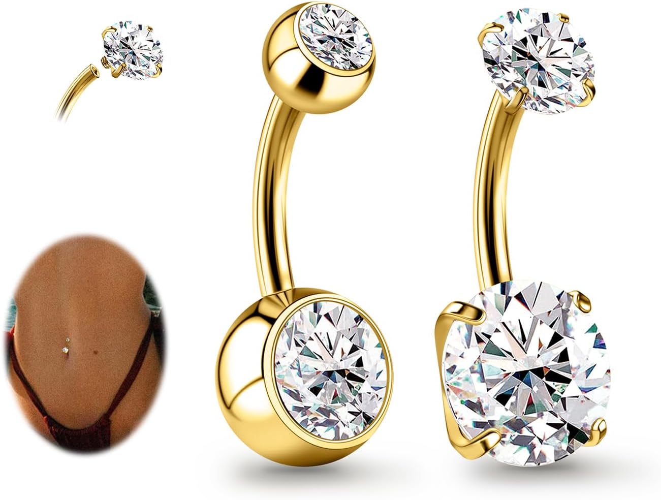 2PC G23 Titanium Belly Button Rings 14G Cubic Zirconia Navel Barbell Belly Bars Piercing Jewelry for Women