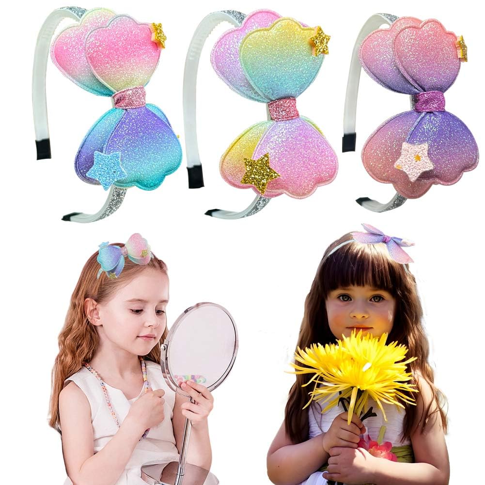 3 Colors Glitter Kids Headband with Bow Non-slip Plastic Sparkly Hair Bands Sweet Princess Hair Accessories for Toddler Girls