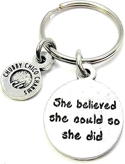 ChubbyChicoCharms She Believed She Could So She Did Pewter Charm On Stainless Steel Keyring Key Ring Key Chain Keychain for Women, Men, Teens, Positivity Gift, Inspire