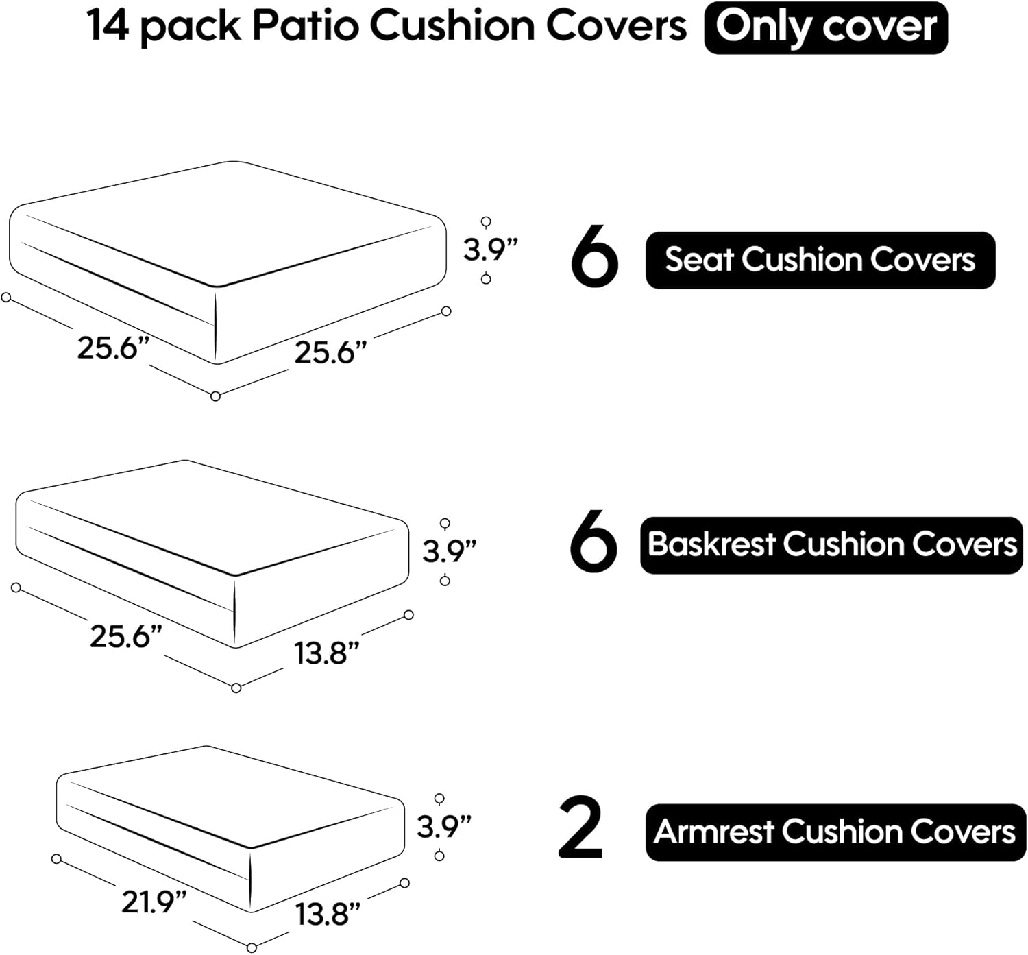 Patio Cushion Covers Replacement, 14Pcs Outdoor Cushion Slipcovers for Seaters Sofa Waterproof Outdoor Seat Cushion Covers with Zipper 3 Sizes, Covers Only (Khaki)