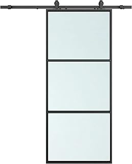 24 in. x 84 in. Full Lite Frosted Glass Black Steel Frame Interior Slidi...