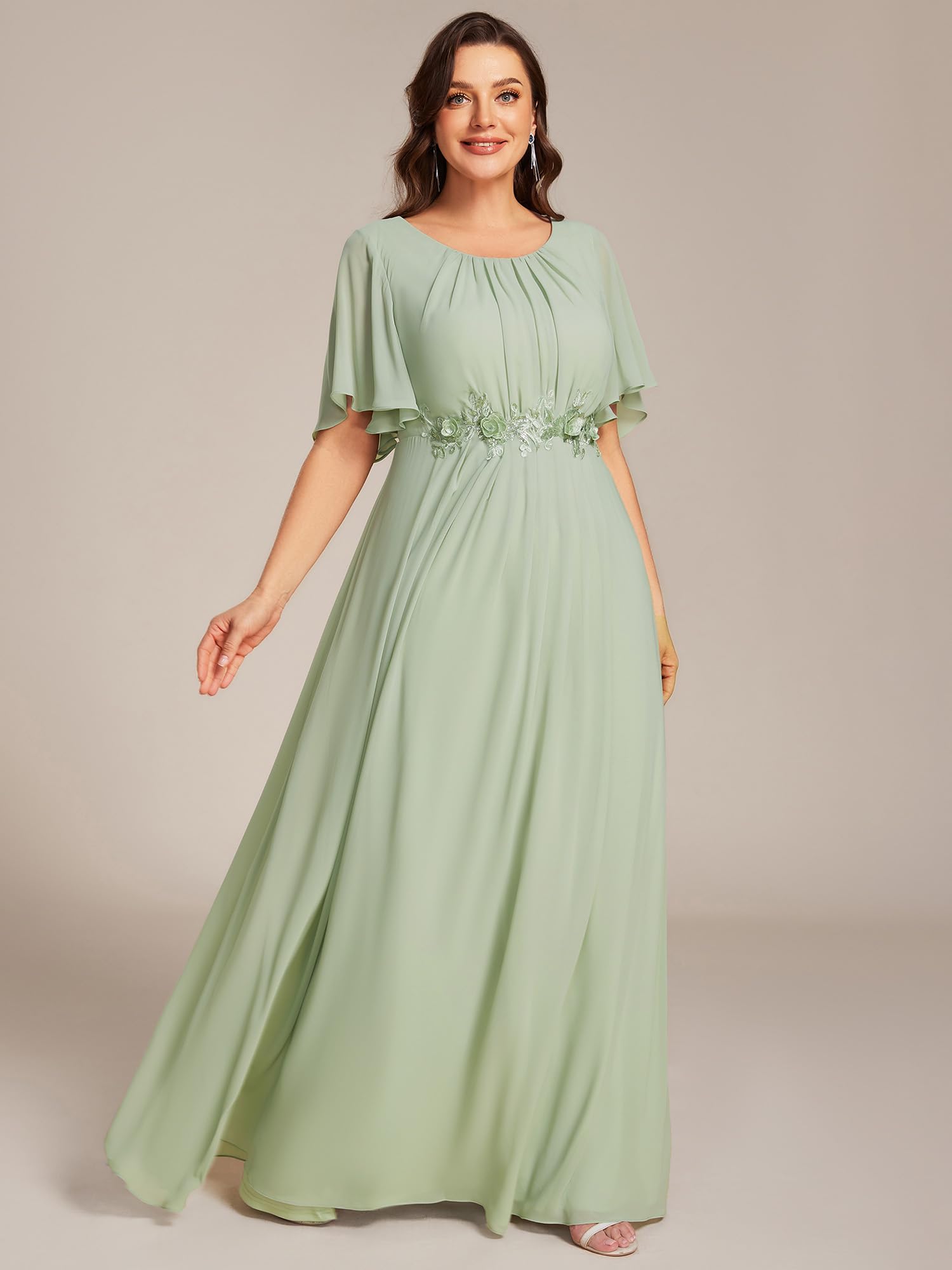 Ever-Pretty Plus Damen-Kleid mit Rundhalsausschnitt, kurze Ärmel, bodenlang, Übergröße, formelle Kleider, Brautmutterkleid