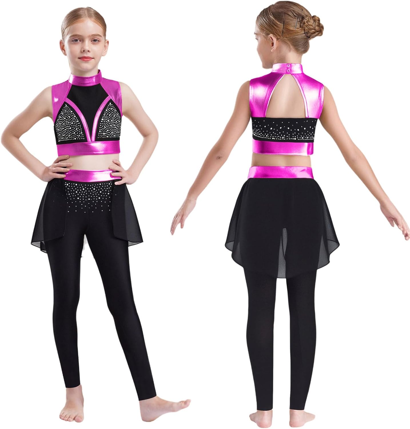 FEESHOW Kids Girls 2 Piece Gymnastic Dance Outfit Metallic Sleeveless Ballet Jazz Crop Top with Skating Pants Set Hot Pink 12 Years