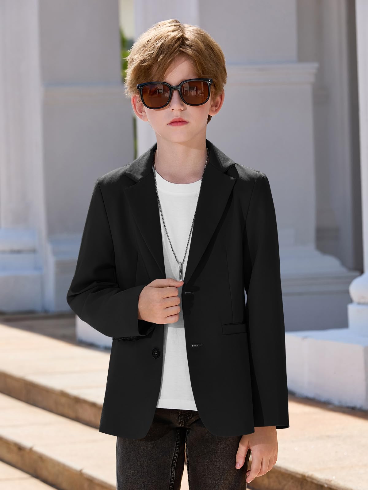 Haloumoning Jungen-Blazer, Kinder, lässig, zwei Knöpfe, Sportmäntel, Anzugjacke mit Taschen, 5–14 Jahre