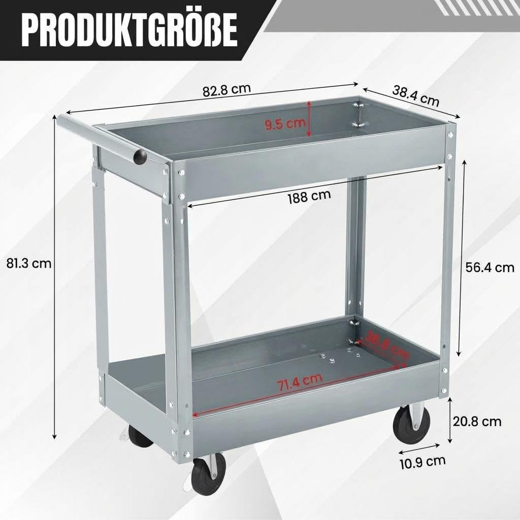 Werkzeugwagen Rollbar 2 Ebenen, Bis 150 kg Belastbar, Metall Werkstattwagen Mit Rollen, Schwerlast Servicewagen Mit Ablagen, Werkzeugwagen Für Garage, Werkstatt, Lager & KFZ-Reparatur, Grau
