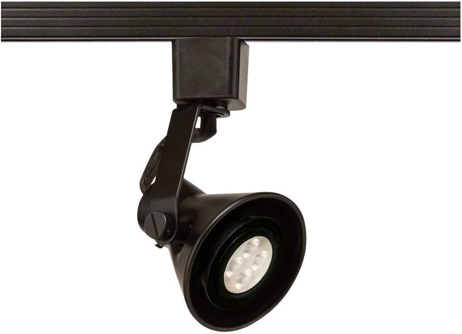 Black WAC Lighting TK-103 track head with an 8W GU10 LED bulb installed on a black J track