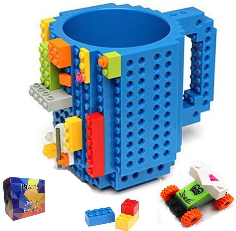 Build-On Brick Coffee Mug, Funny Cups DIY Creative Building Blocks Xmas Present, Novelty Christmas Santa Gifts for Women Men,Thanksgiving,New Year with 3 Bags Accessories (Blue)