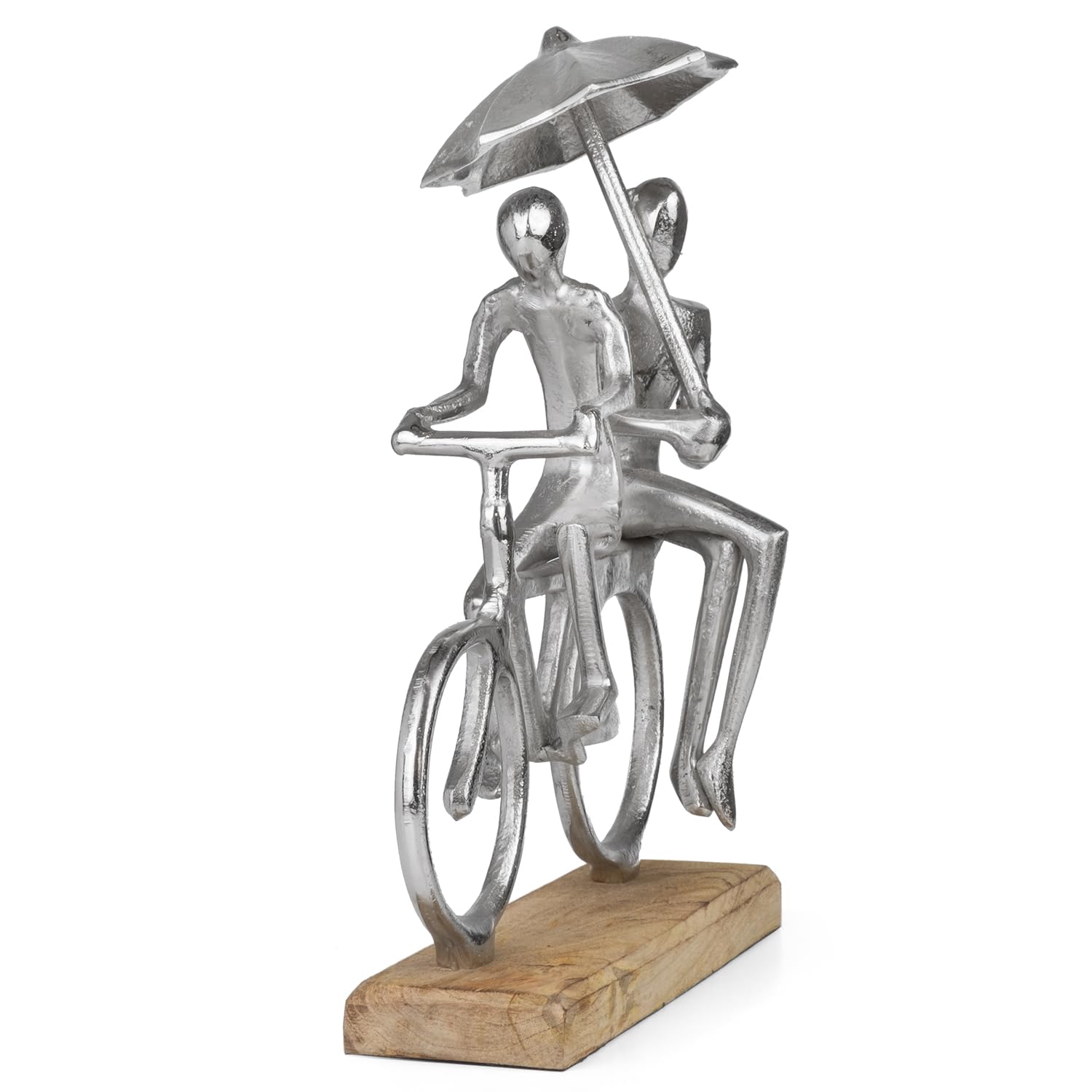 Figurka dekoracyjna para na rowerze z parasolem – nowoczesna rzeźba z aluminium na drewnianej podstawie – wysokość 30 cm – symbol miłości, spójności i spędzania wolnego czasu – stylowa dekoracja