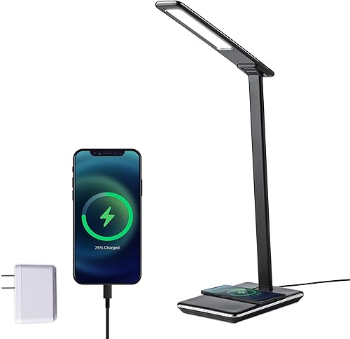 Miniatura 1 de Lámpara de escritorio LED multifuncional con cargador inalámbrico, puerto de carga USB, 4 modos de luz, 6 brillo, control táctil, temporizador