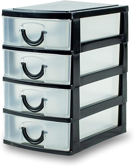 Lizzy Mini Storage Unit | 14.5cm x 9cm x 13cm | Transparent Mini Storage Tower | 4 Drawer with Handles | For Store Small Parts Crafts Desk Bathroom Kitchen Office (Black)