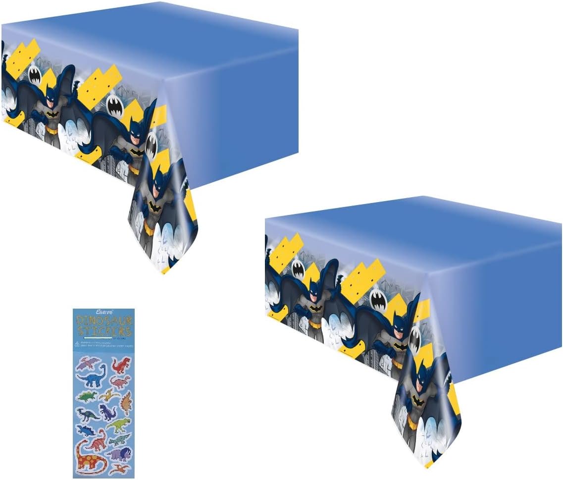 Unique Batman Birthday Party Supplies Bundle Pack Includes Plastic Table Covers - 2 Pack and 1 Dinosaur Sticker Sheet