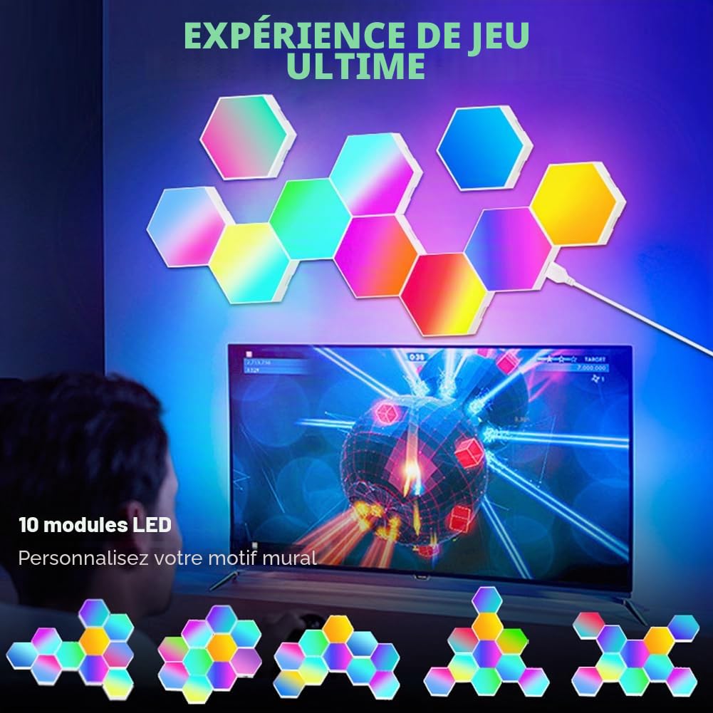 Panneau LED Hexagone Murale Lampe, 10 Panneaux Lumineux LED Connectés, Smart Deco Music Sync Modulaires RGB Lights App&Télécommande Contrôle, Creative Gaming Appliques Murales pour Salon-10pcs