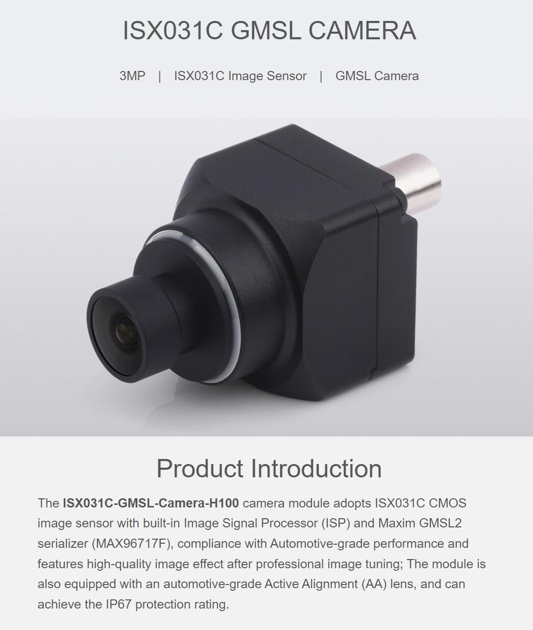 ISX031 3MP GMSL Camera Module, ISX031C Image Sensor, IP67 Protection Degree, More Durable (ISX031C-GMSL-Camera-H100)