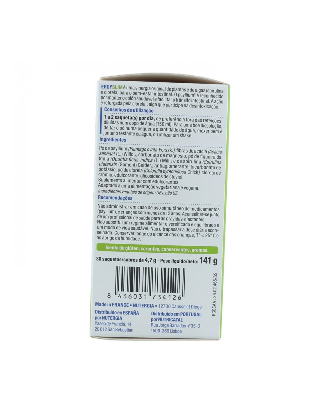Pack 2 x Nutergia ErgySlim 30 sobres (60 sobres) – Complemento rico en fibras (psyllium y acacia) con higuera chumba, spirulina y clorela, en sobres para mezclar, apto veganos