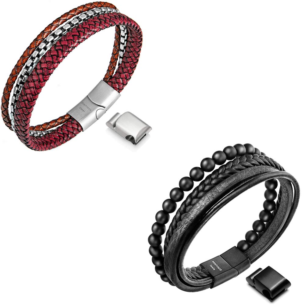 Speroto Mens Bracelets,Cuff bracelets with magnetic clasp,leather bead and steel bracelets in 7.5inch