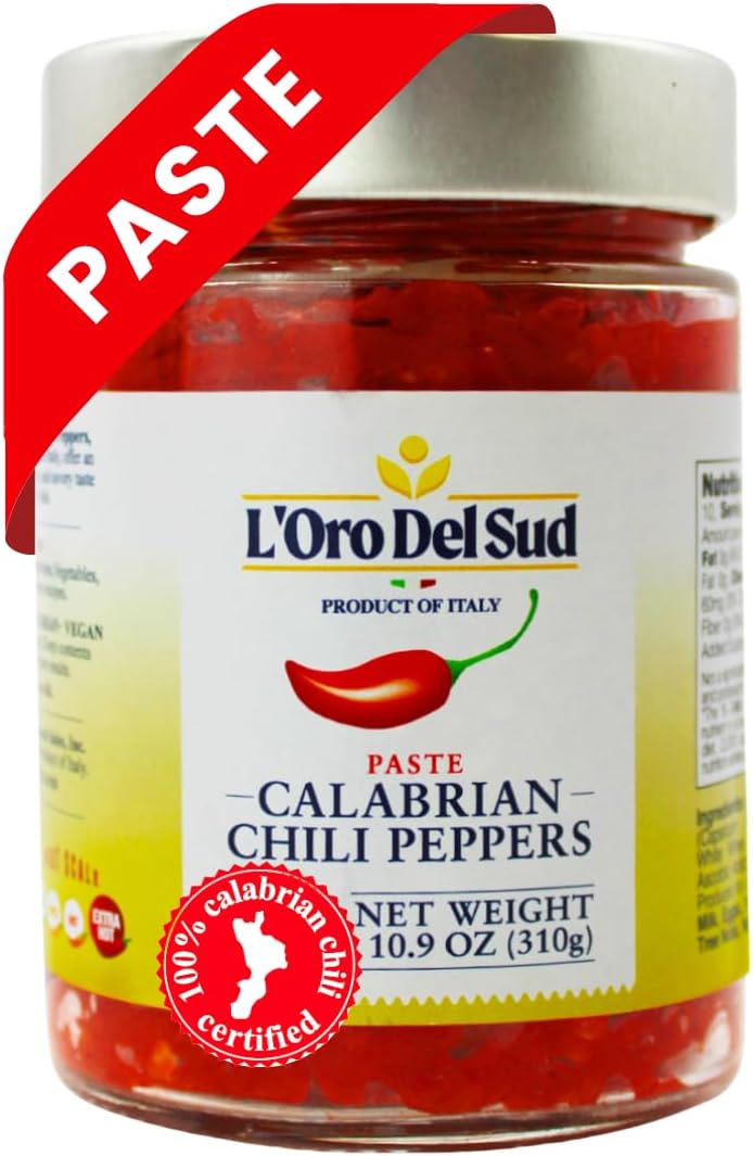 L'Oro Del Sud - Calabrian Chili Pepper Paste, Mild Spice, No Seeds, Certified, Peppers are Grown in Calabria, Calabiran Chili Pate, Mild Chilies, Peperoncini Calabrese, Product of Italy, 10.9 oz