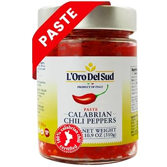 LOro Del Sud - Calabrian Chili Pepper Paste, Mild Spice, No Seeds, Certified, Peppers are Grown in Calabria, Calabiran Chili Pate, Mild Chilies, Peperoncini Calabrese, Product of Italy, 10.9 oz