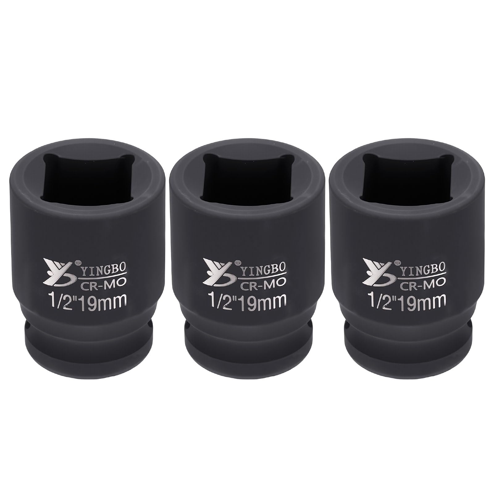 sourcing map 3pcs 4 Point Square Socket 1/2" Drive 19mm Metric Square Impact Socket 1.8" (45mm) Long 40CR Steel Phosphating Standard Wheel Sleeve Tool for Auto Repair Mechanical Home Use