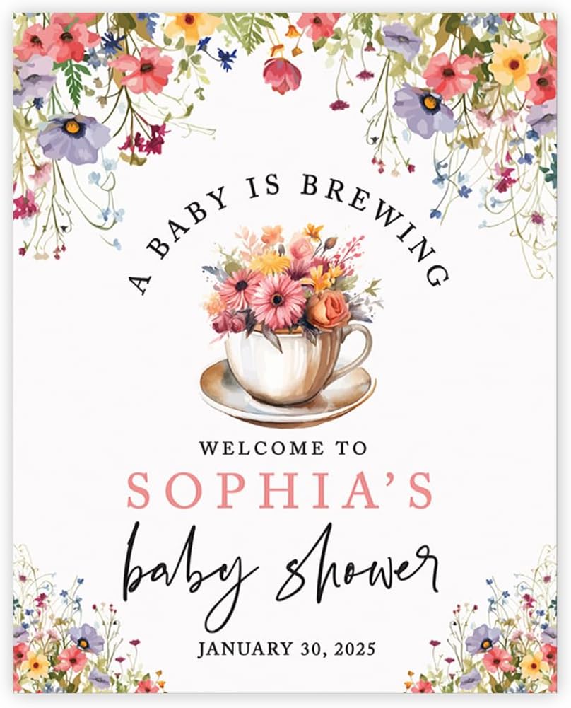 Andaz Press Personalized A Baby is Brewing Baby Shower Decorations, Floral Tea Party Baby Shower Welcome Sign Decor, Brunch Party Decorations, 16x20 Inch
