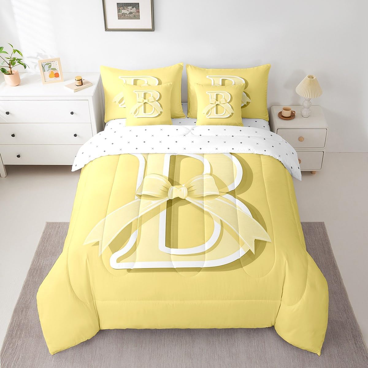 jejeloiu Kids Girls Yellow Bow Comforter Set with Sheets, Twin Size, 7-Piece