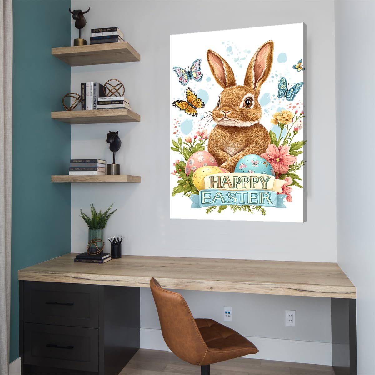 Vibrante estampado de conejo de Pascua en lienzo Mariposas voladoras Imágenes Estampado de flores primaverales Huevos moteados Arte para la decoración del apartamento de la biblioteca 60x90cm