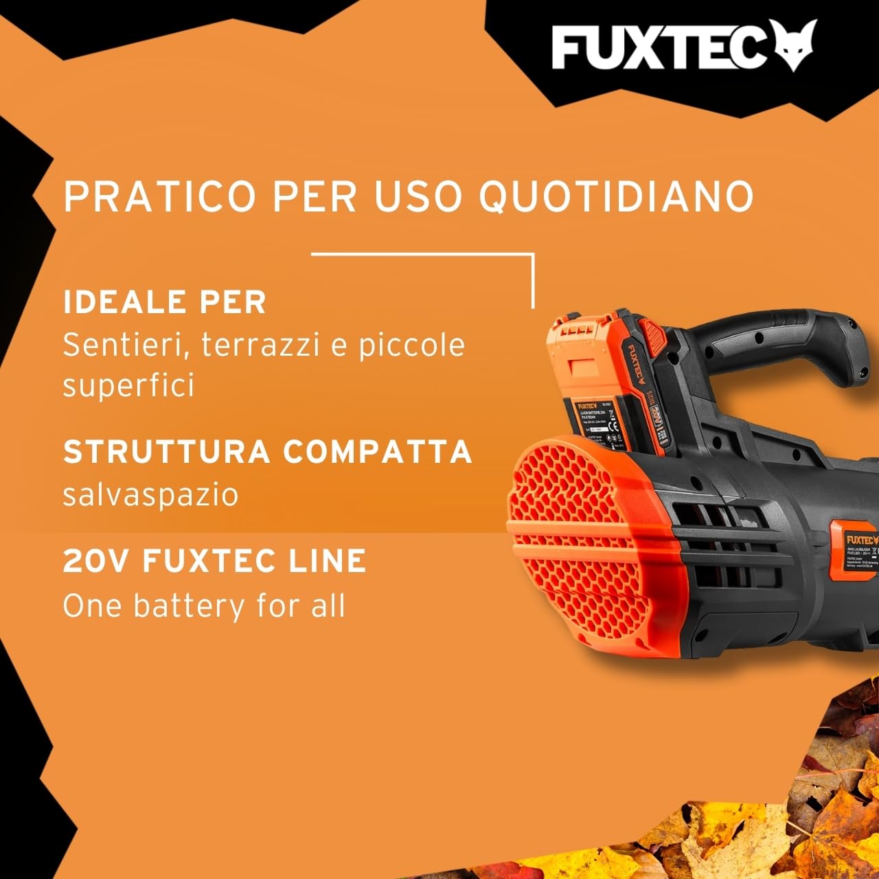 Soffiatore a batteria 20V FUXTEC FX-E1LB20, SET con Batteria 4 Ah e caricatore 2,4 A, velocita’ aria 38m/s, leggero e silenzioso- soffiafoglie per la cura del vostro giardino