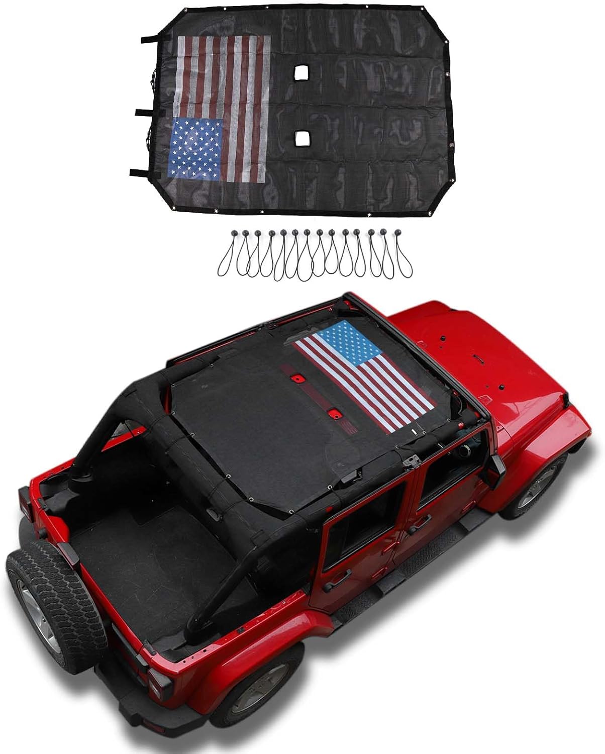 Linskip Sun Shade Compatible with 2007-2017 Jeep Wrangler JK 4 Door, Full-Body Mesh Sunshade Bikini Top Cover for Jeep JK Exterior Accessories(Flag)