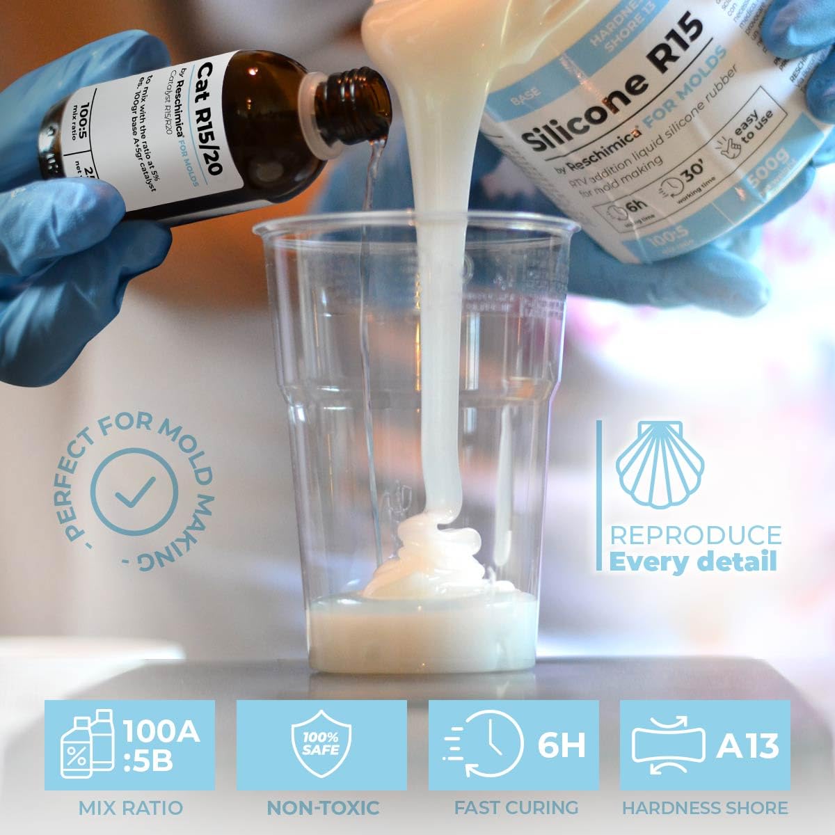 Gomma Siliconica Liquida Bicomponente R15, ideale per Stampi in Silicone morbidi, Indurimento Rapido, stampi fai da te, Ideale per Realizzare Stampi per resina,cera,gesso e cemento (500 gr)