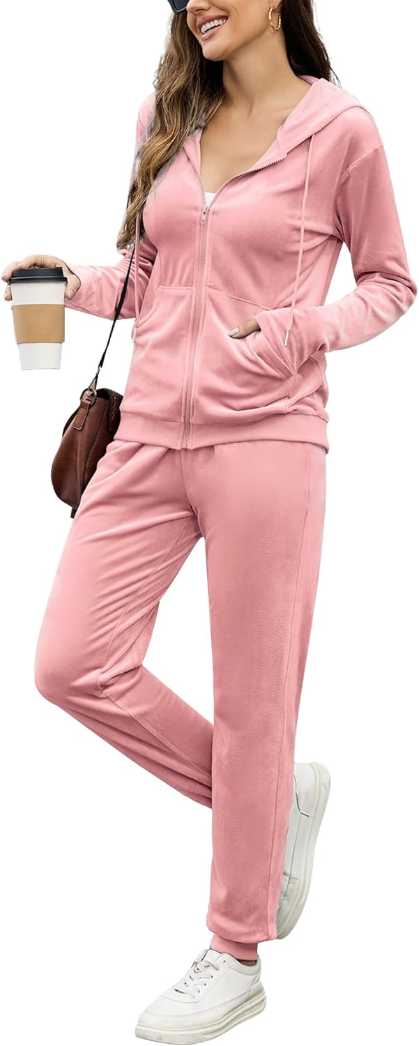Velour Tracksuit Womens 2 Piece Outfits Velvet Sweatsuit Full Zip Up Hoodie Jacket Jogger Lounge Set