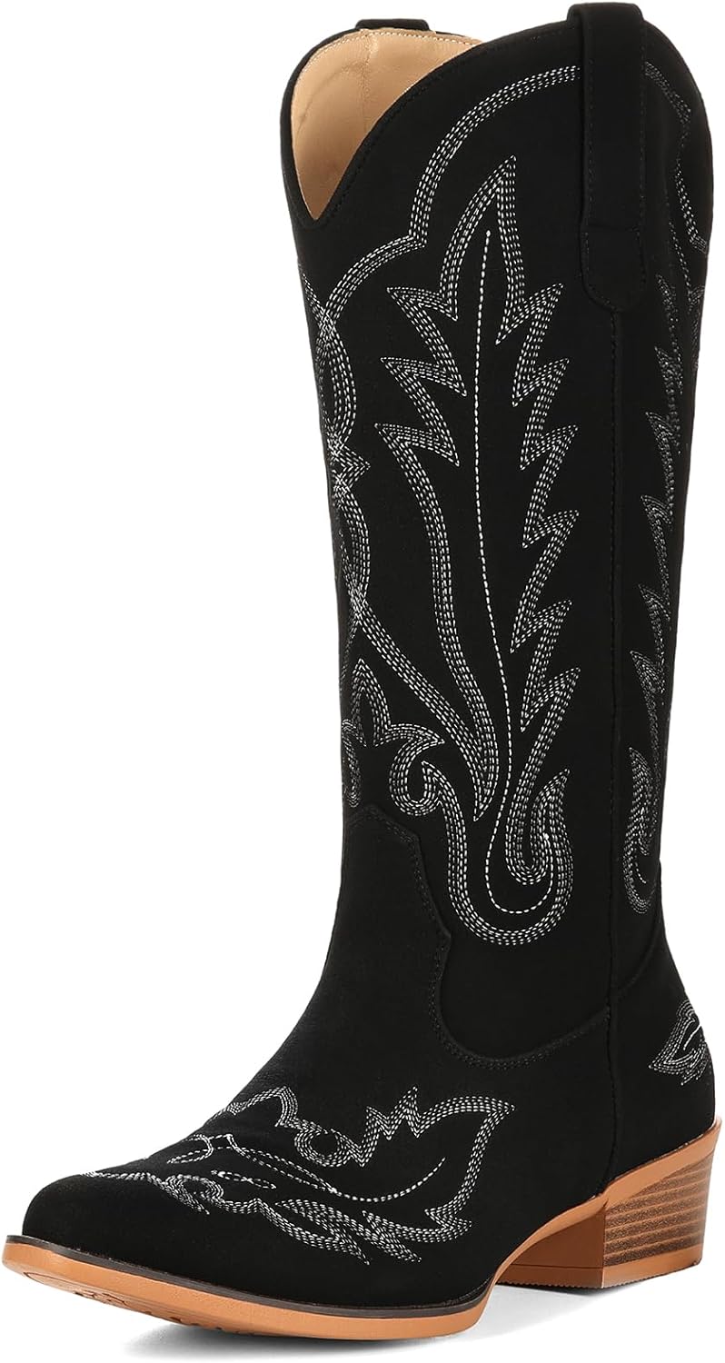 Cowboy Boots for Women Suede Split Leather Mid Calf Cowgirl Western Boots Classic Embroidered Retro Snip Toe Chunky Heel Pull On