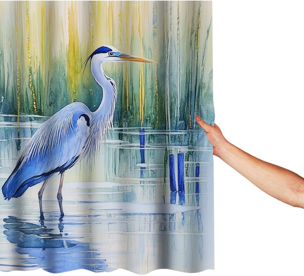 Moslion Shower Curtain Heron Watercolor Blue Heron Crane Bird Animal Wildlife Leaves Water Nature Funny Shower Curtain for Bathroom Decoration Polyester 72Wx72H Inch