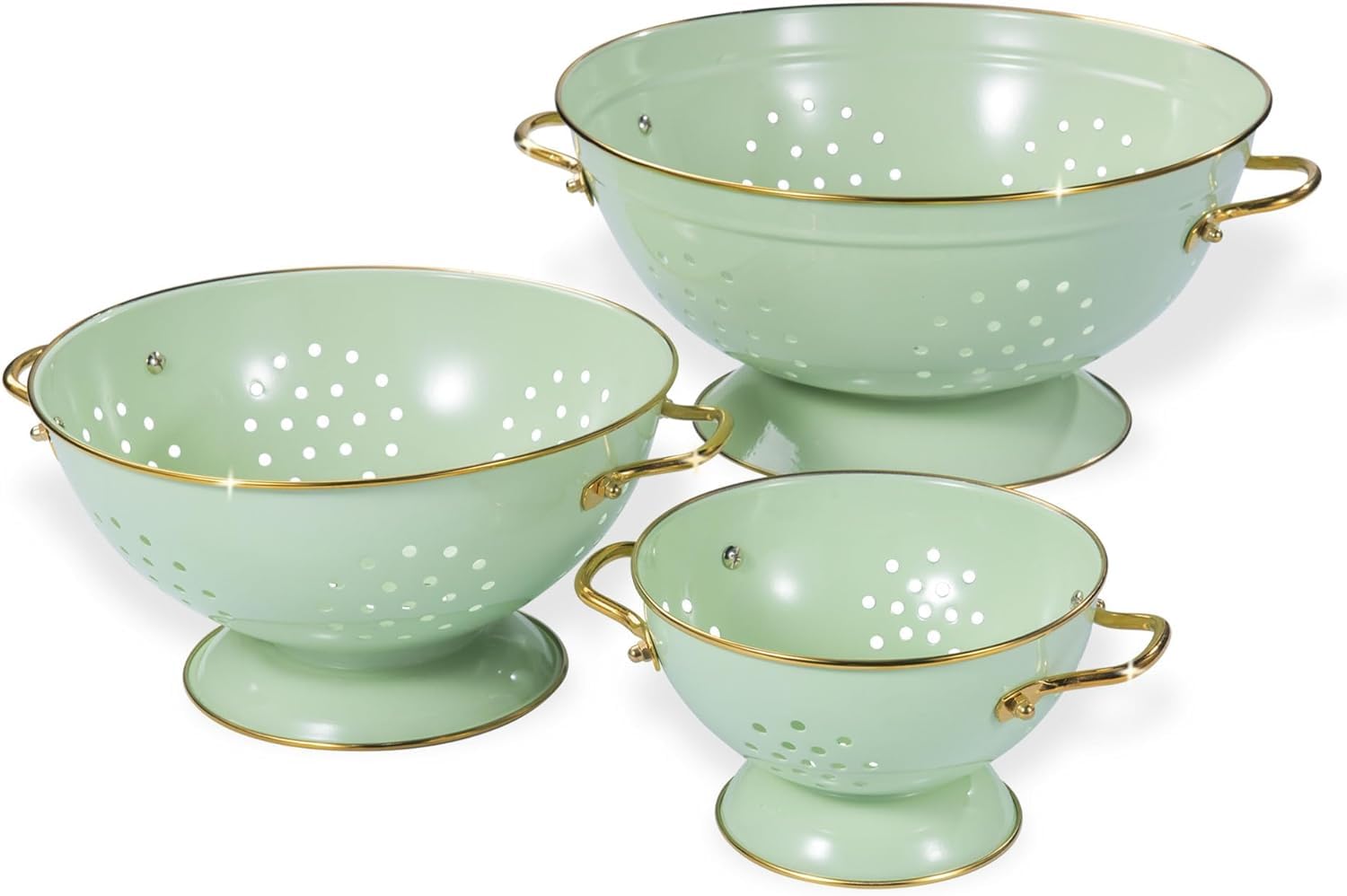 Sieb 3er-Set, Metall Nudelsieb Küchensieb mit Griff und Boden – 16cm & 23cm & 28cm, Abtropfsieb Seiher für Nudeln Obst Gemüse, Spülmaschinenfest (Grün)