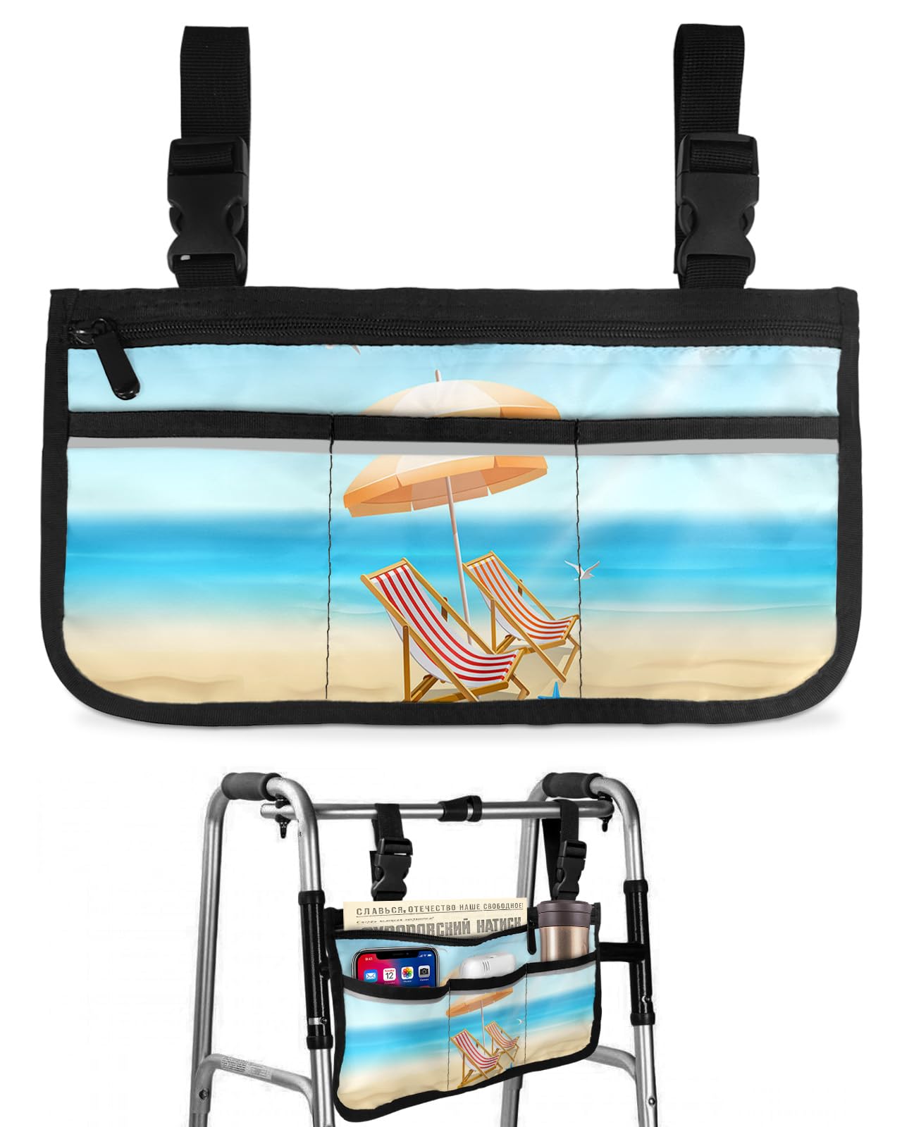 Summer Travel Beach Wheelchair Side Bag Walker Bag, Blue Sea Starfish Seashell Wheelchair Accessories Armrest Pouch, Organizer Storage Bag for Walkers, Rollators, Scooters, 7.3''x13''