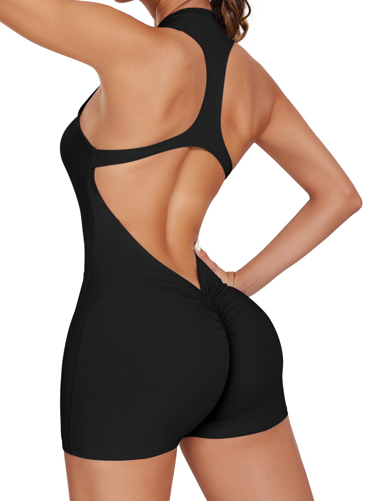 SEASUMOne Piece Workout Shorts Jumpsuits for Women Sexy Athletic Yoga Liza V Back Scrunch Backless Gym Bodycon