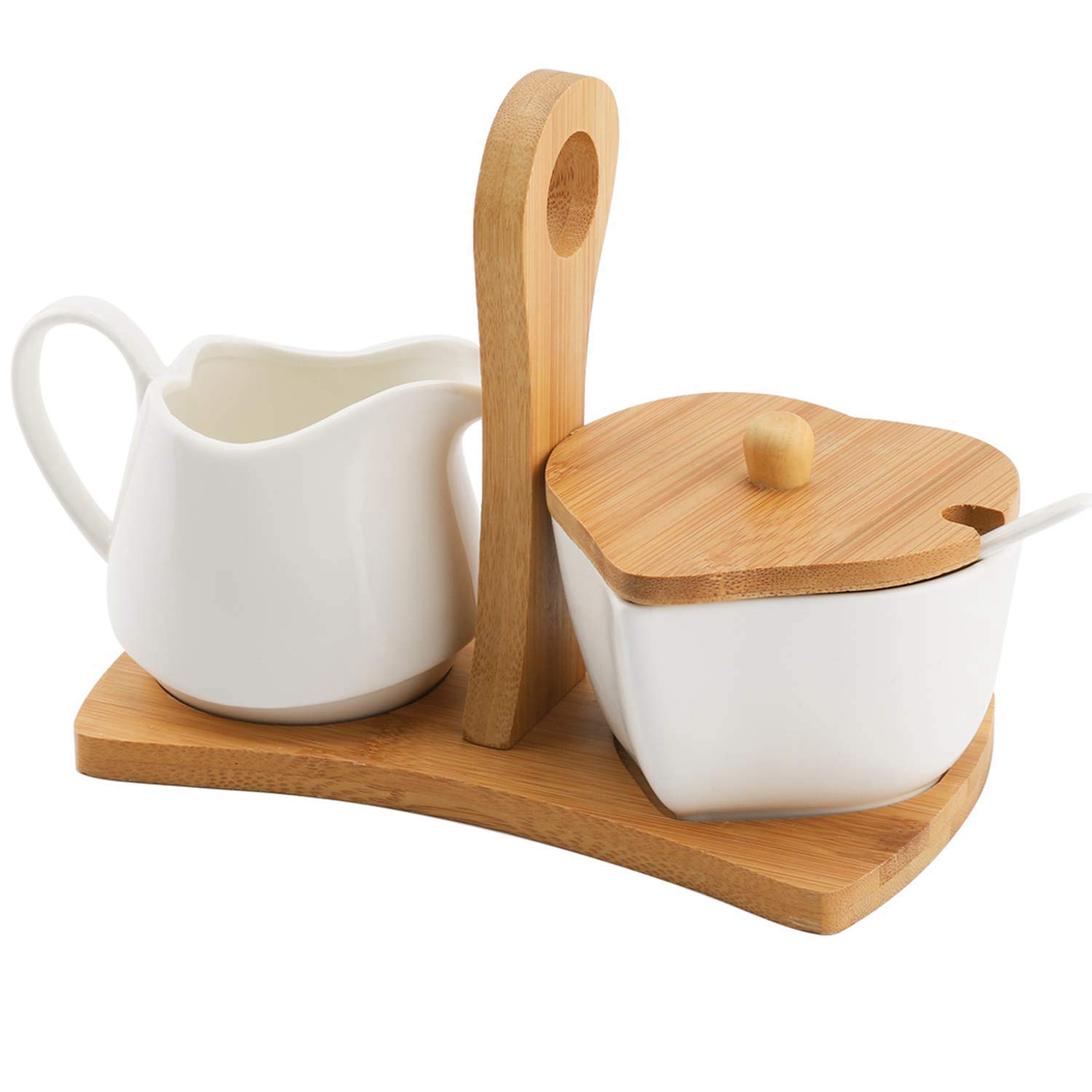 Set Zuccheriera E Lattiera con Coperchio E Cucchiaio Brocca in Ceramica per Crema E Zuccheriera con Manico in Legno Servizio da caffè.