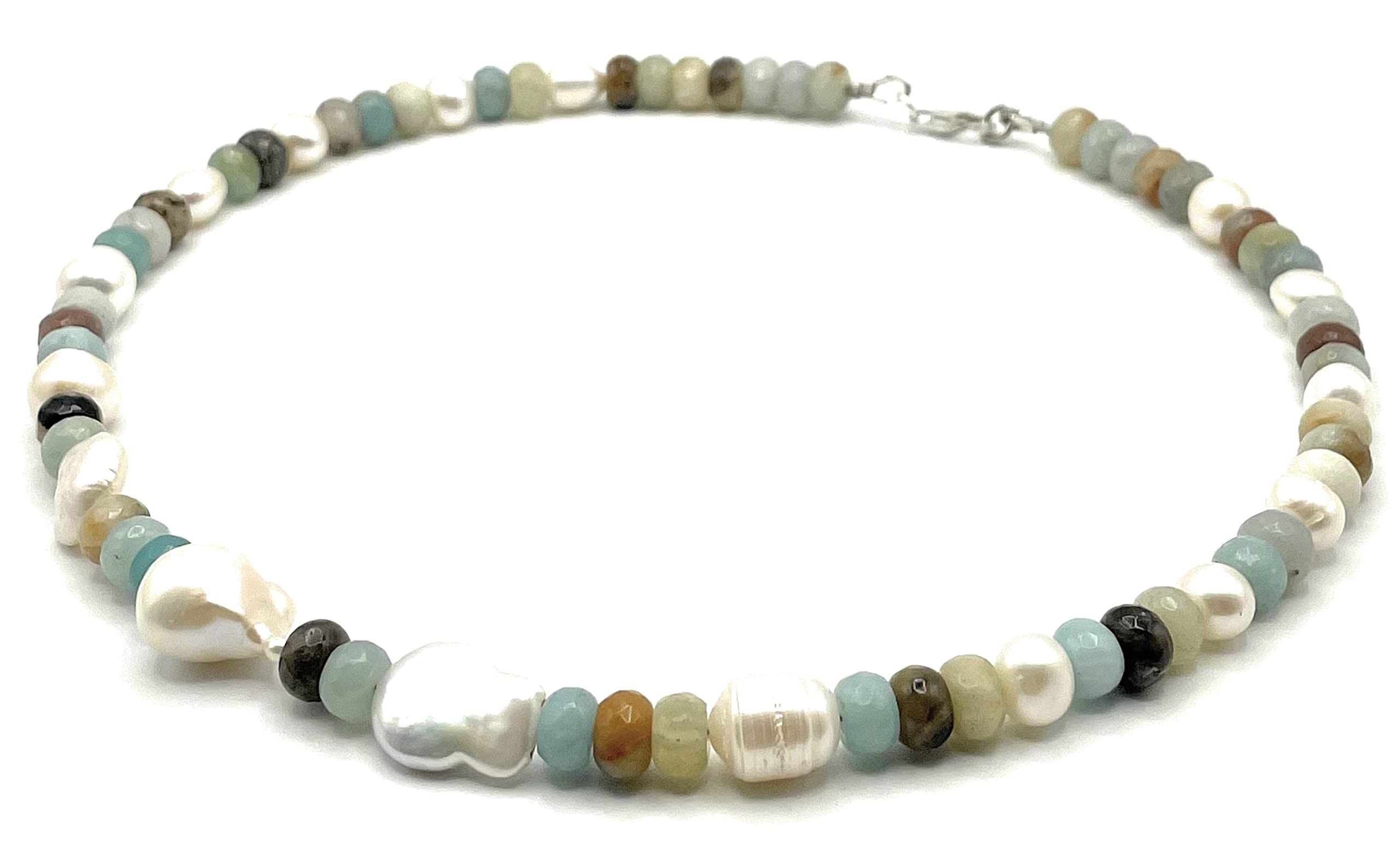 Amazonit Halskette mit Barock Perlen, 925 Sterling Silber, Chunky Edelstein Choker, italienischer Schmuck, April Geburtstagsgeschenk, Made in Italy