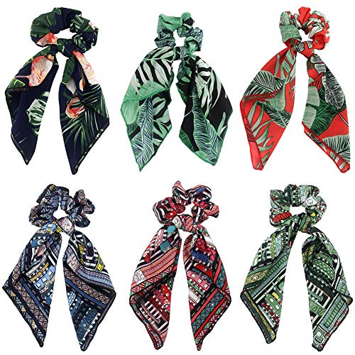 Cutewing Bow Hair Scarf with Floral Satin Silk Ponytail Scarf Hair Ties 2 in 1 Strong Elastic Hair Scrunchies Vintage Hair Accessories for Women,Pack of 6