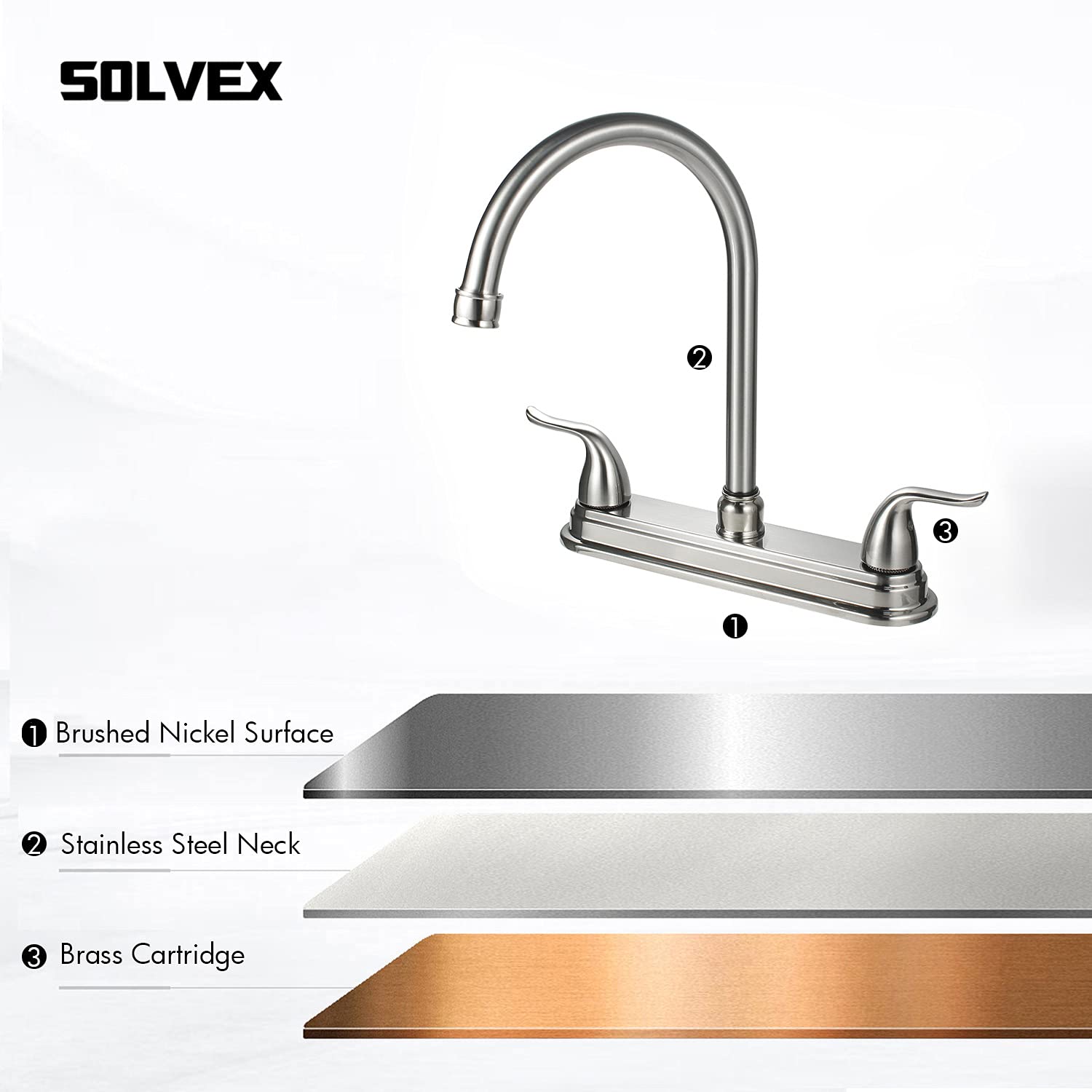 2-Handle High Arc Kitchen Faucet – Swivel Spout, 3-Hole Stainless Steel Sink Faucet, Solid Brass Chrome Finish (US-CV-80090)