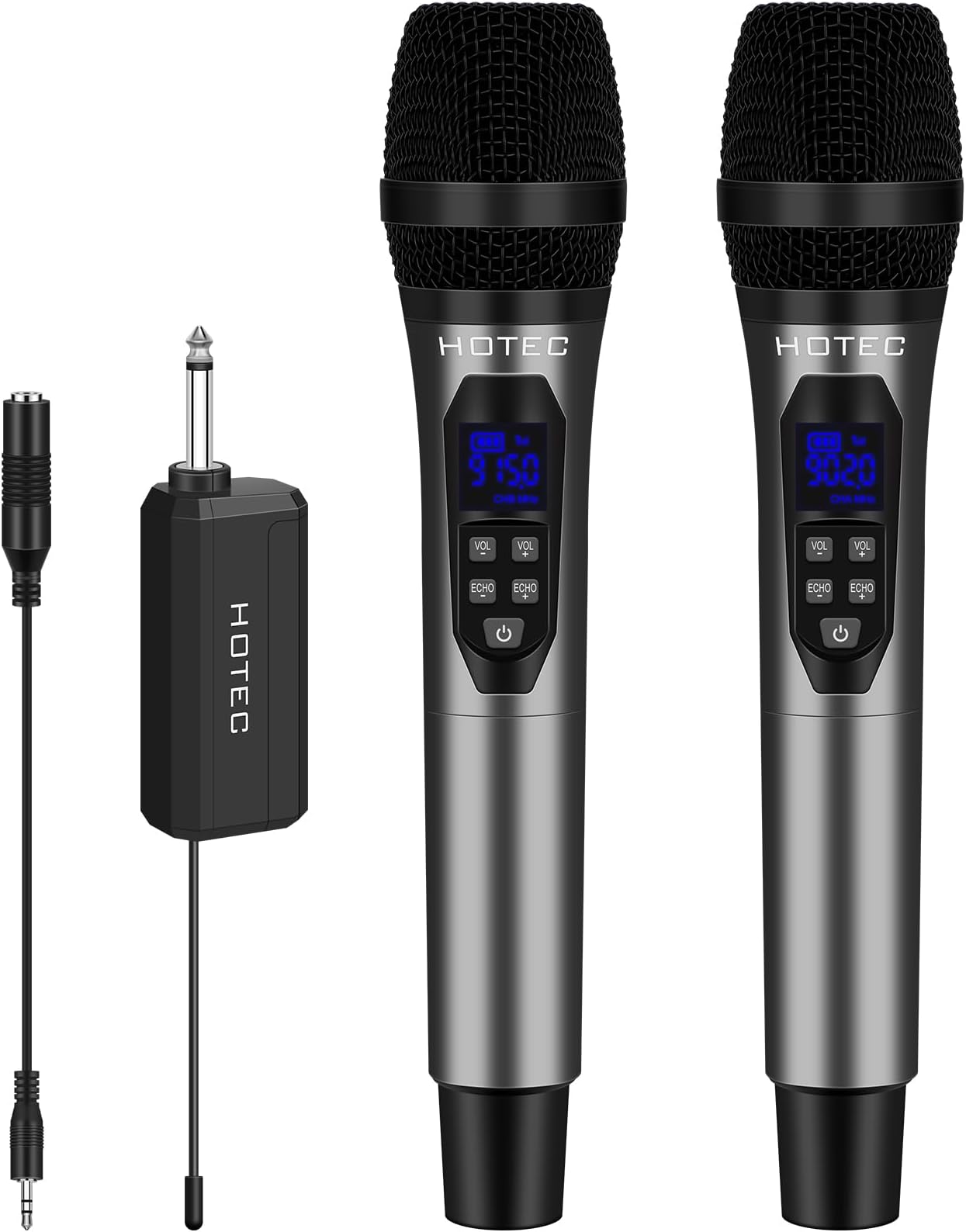 HOTEC Wireless Singing Microphones for Karaoke, Dual UHF Handheld Dynamic Mic System with Echo/Vol Control and Rechargeable Receiver, Ideal for Church, Wedding, Party, Speech, PA, Mixer
