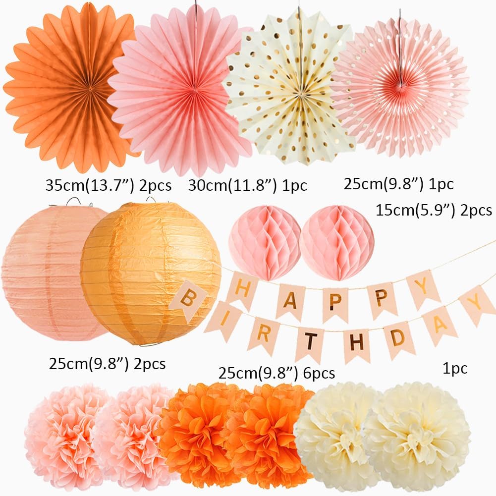 Boho Fall Peach and Orange Birthday Decorations Paper Lanterns Orange Peach Beige Pom Poms Pastel Autumn Birthday Party Decorations for Girls Women with Banner Beige Gold - Image 7
