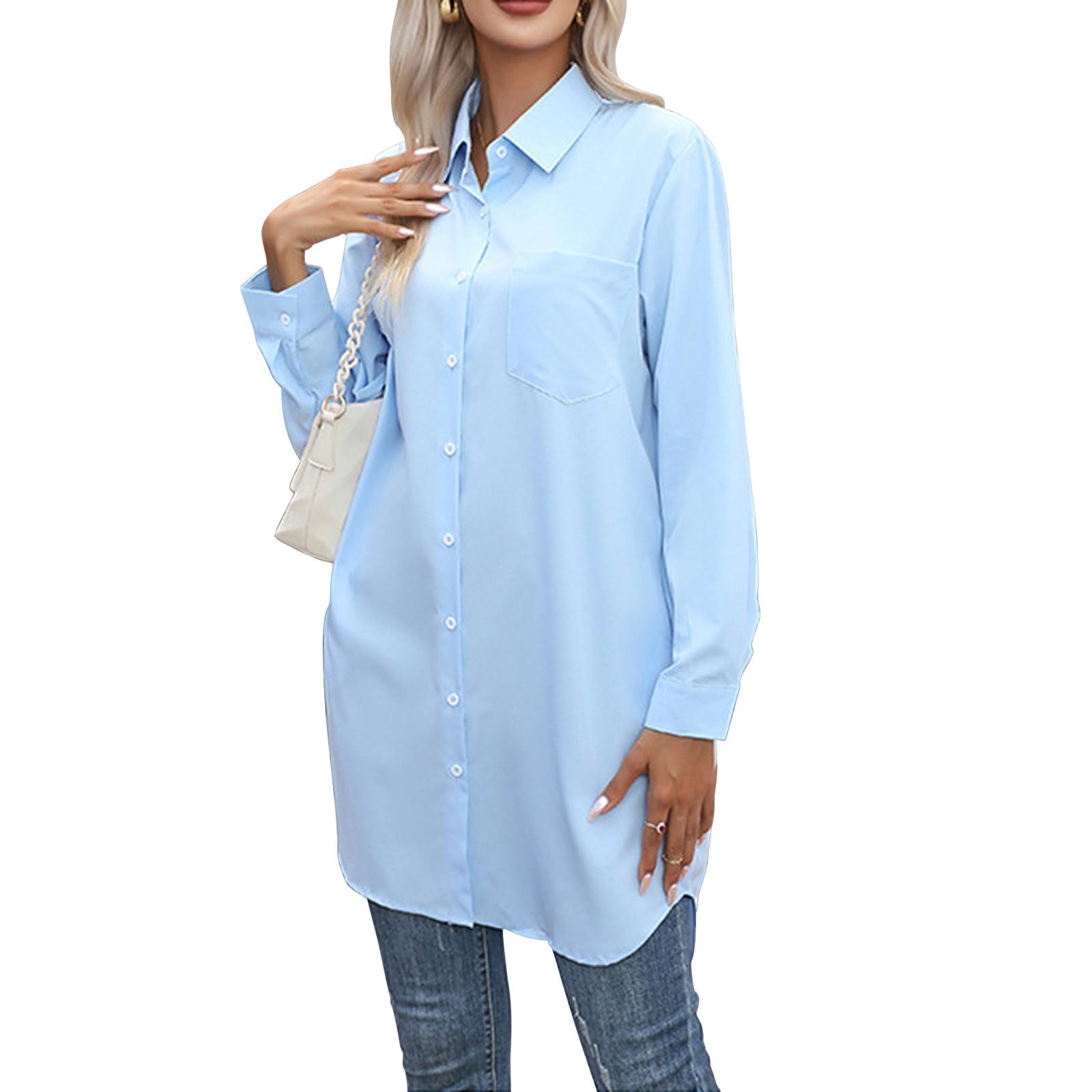 Chemisier Long Décontracté Femme à Boutons - Blouse Oversize Polyester Manches Longues Pour Travail Et Quotidien