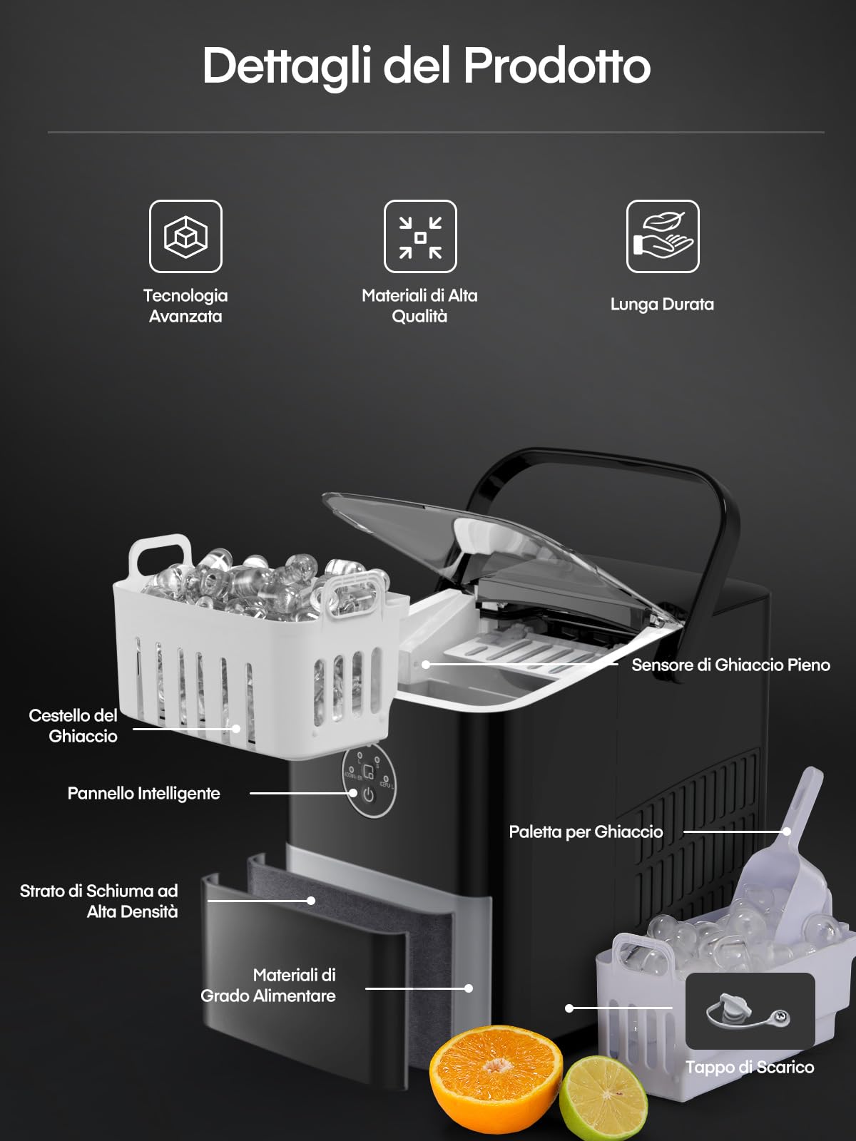 FOHERE Macchina Ghiaccio 14KG in 24h, Cubetti in 6-8 Min, Autopulente, 2 Dimensioni di Ghiaccio, Macchina per il Ghiaccio con Maniglia Portatile per Casa/Cucina/Ufficio/Bar (Nero Profondo)